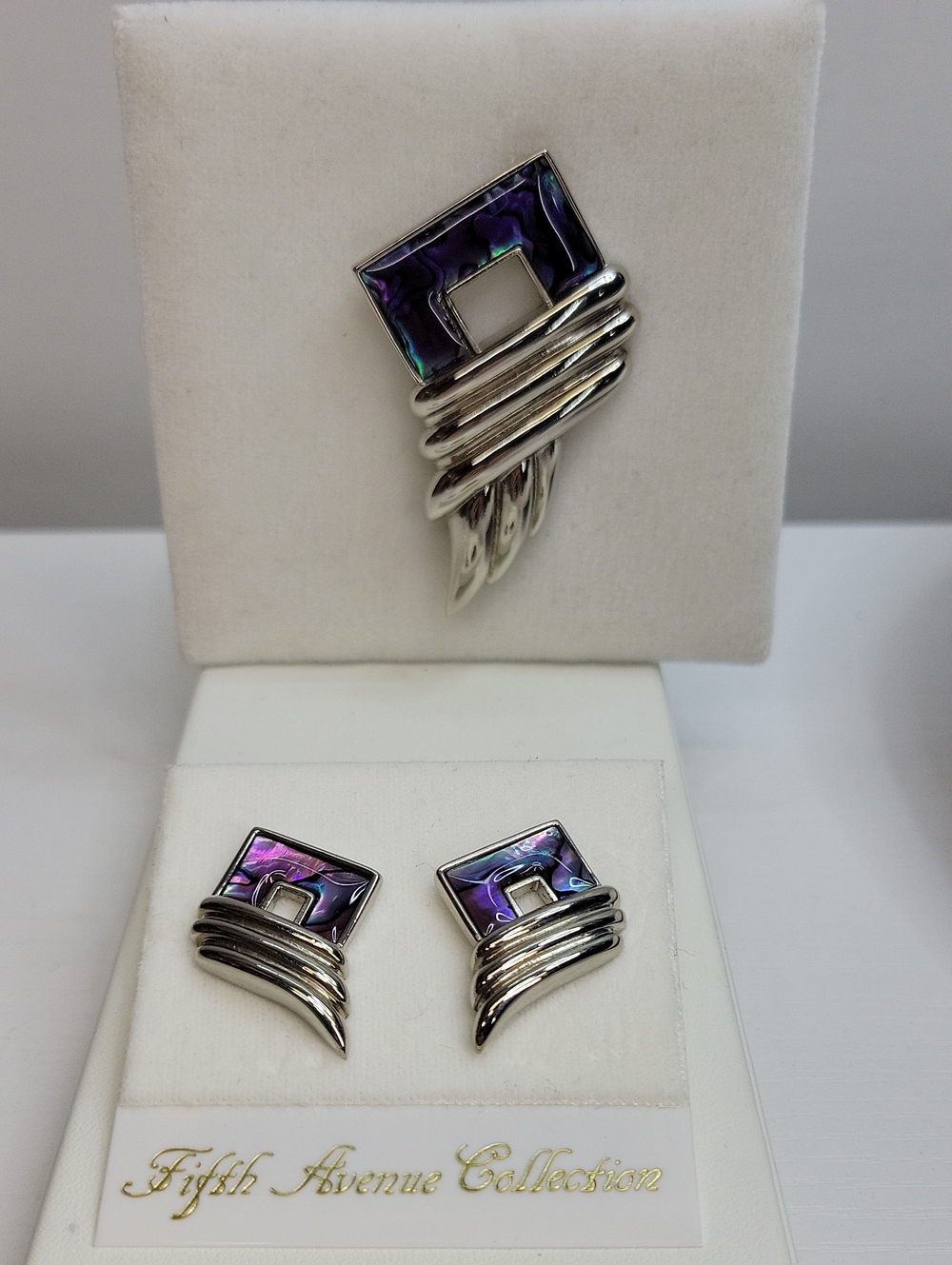 Fifth Avenue Abalone Silver-Tone Brooch & Earring Set